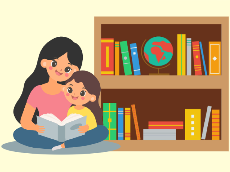 Illustration af kvinde og barn der læser sammen